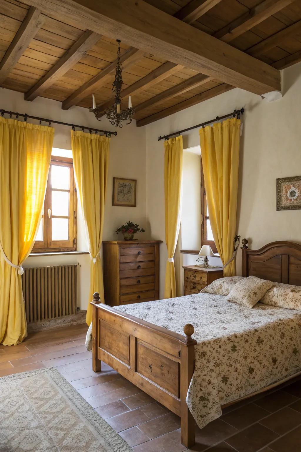 Yellow curtains and rustic wooden furniture create a warm and inviting country-style bedroom.