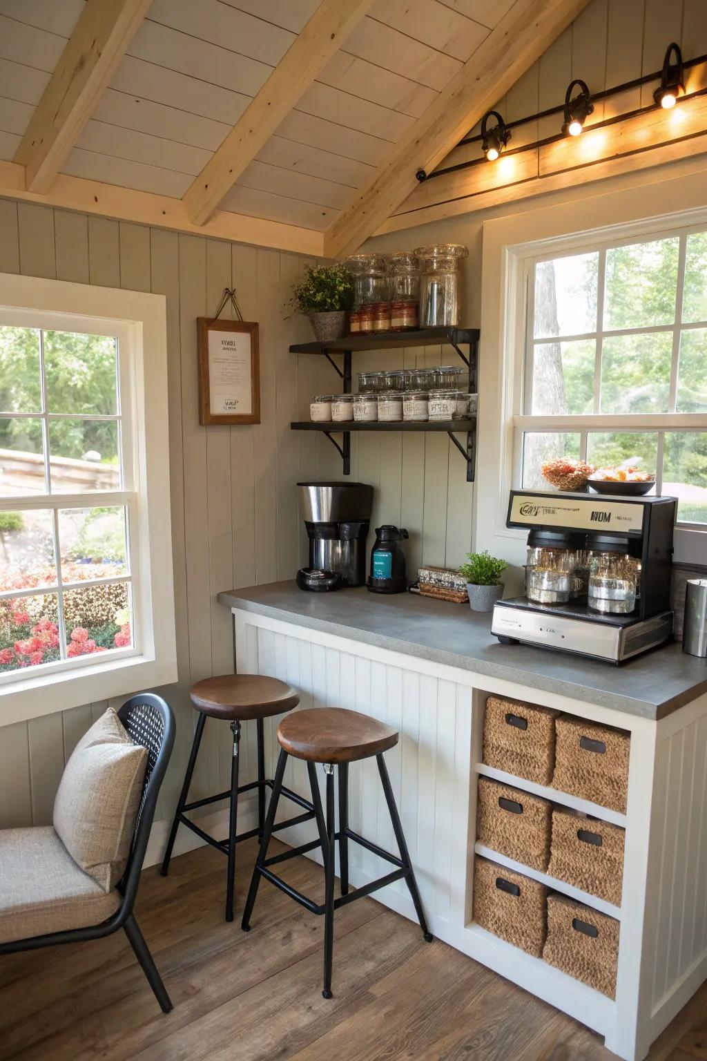 Enjoy a personal coffee bar setup in your shed.