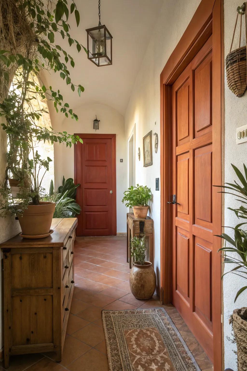 A terracotta 6-panel door adds an earthy touch to this hallway.