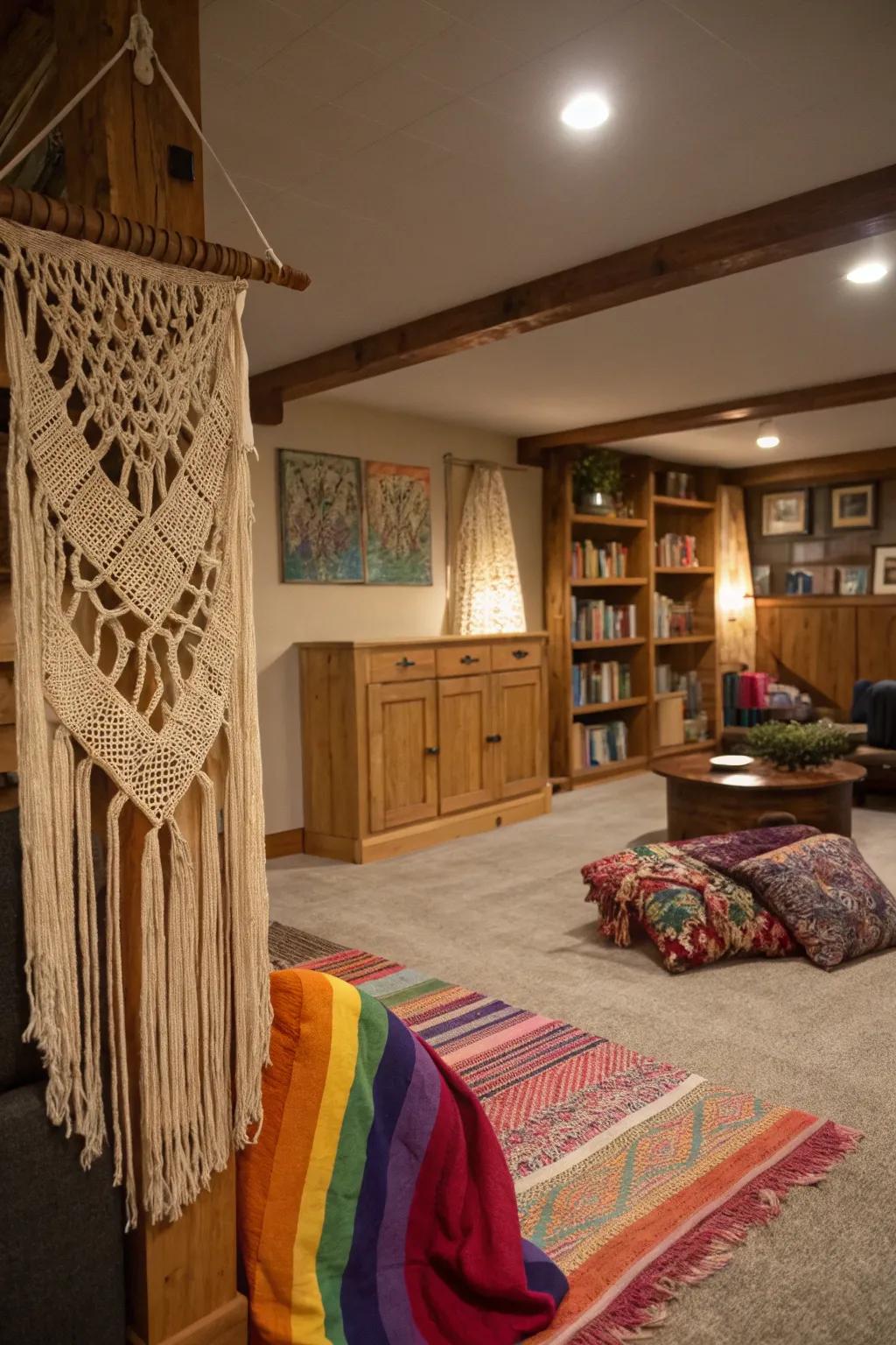 Macramé and textiles offer a bohemian flair.