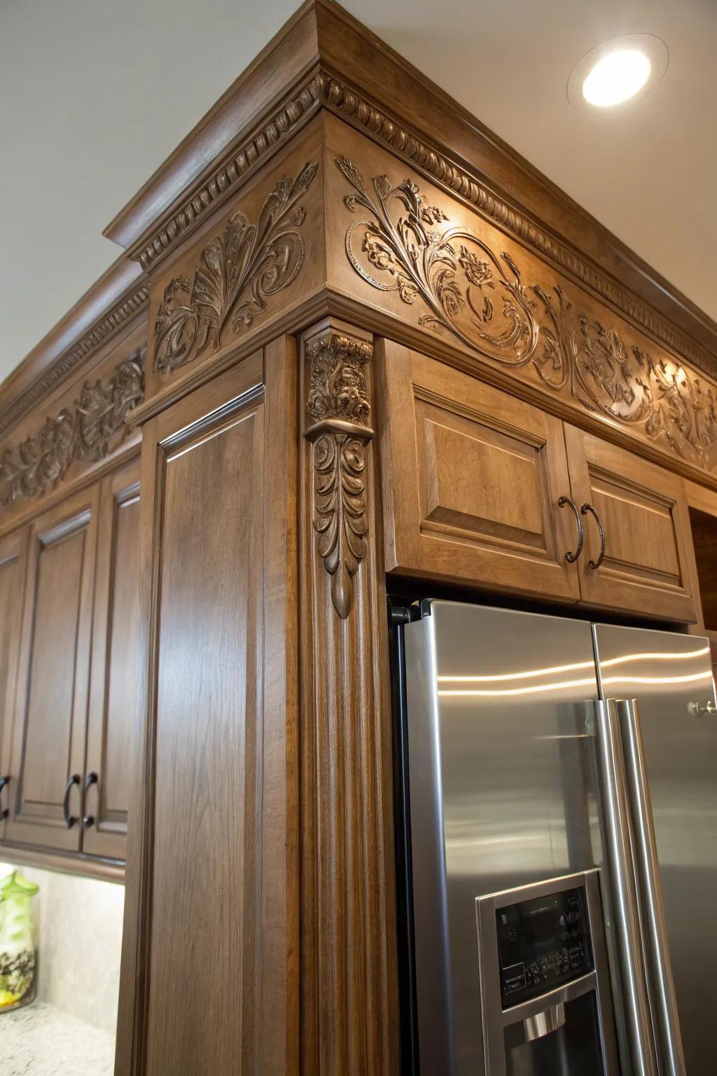 Ornamental touches add elegance and flair to kitchen cabinetry.