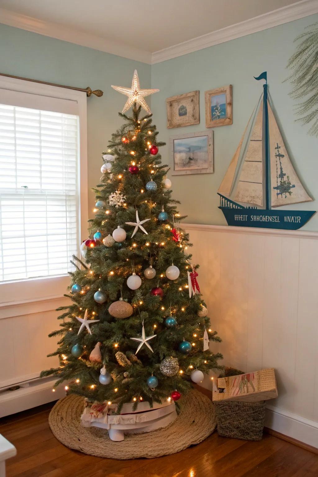 A coastal-themed Christmas tree adorned with sea-inspired ornaments.