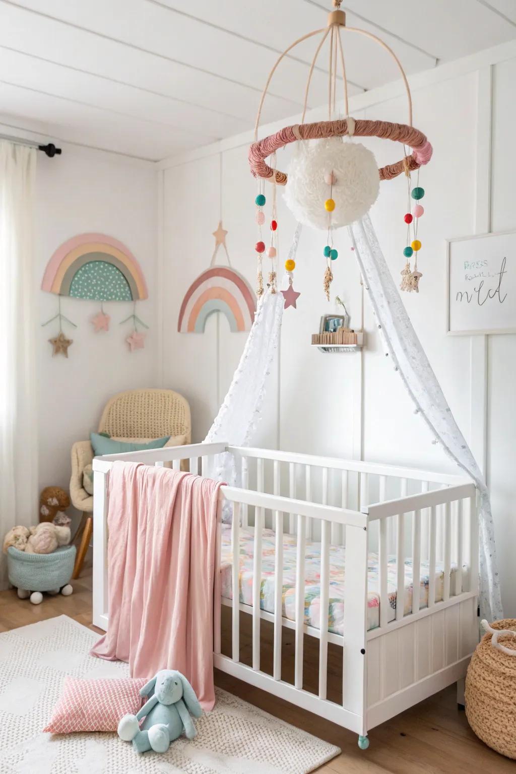 Unexpected elements bring a playful touch to a white nursery.