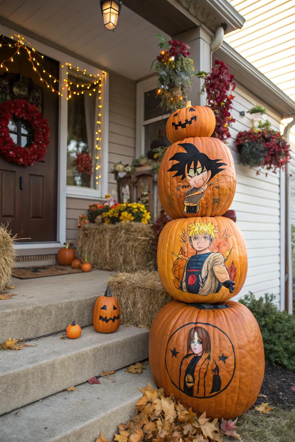 Layer your anime fandom with a stack of themed pumpkins.