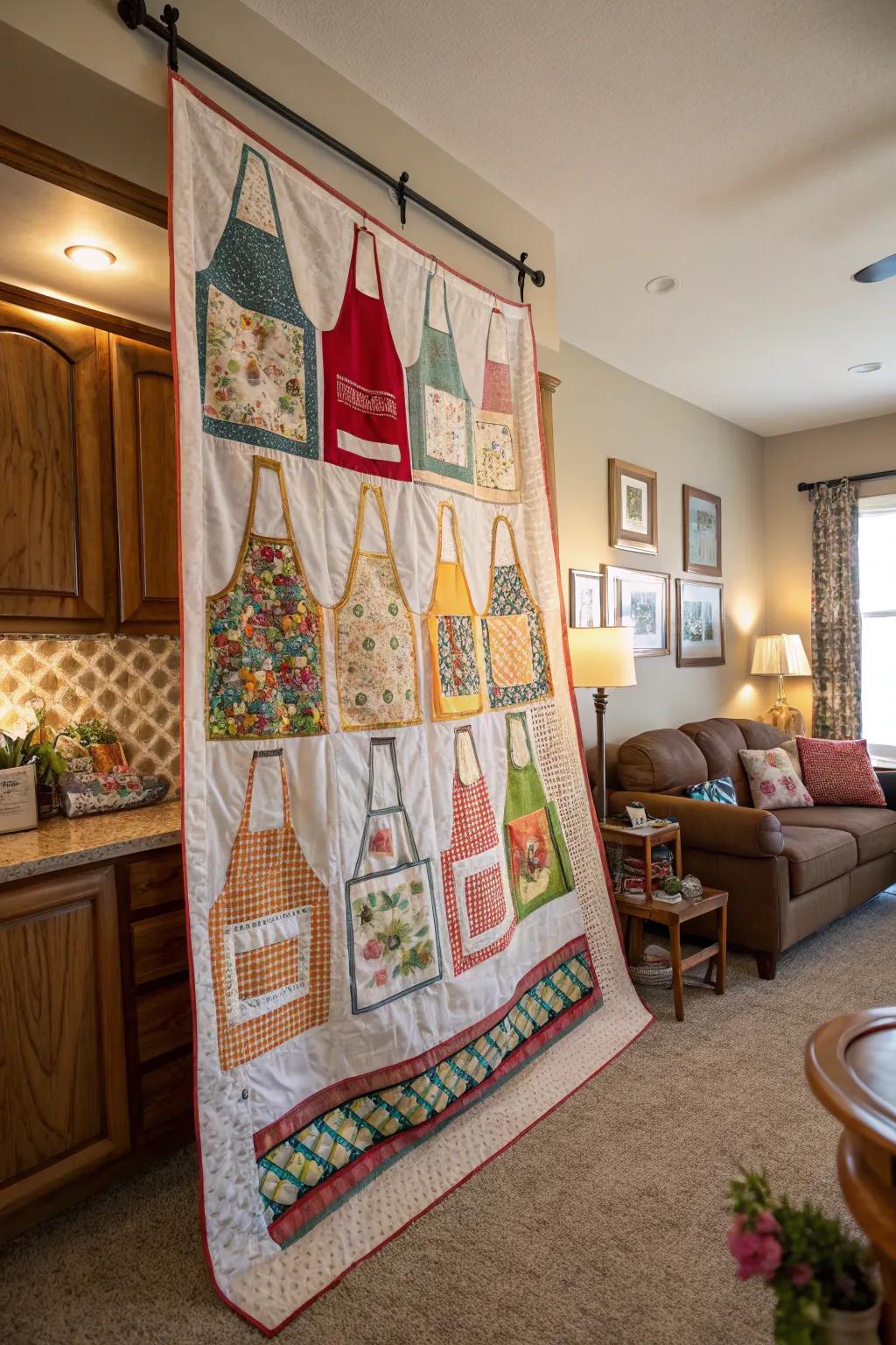 Create a quilted wall hanging from aprons for a personal touch.