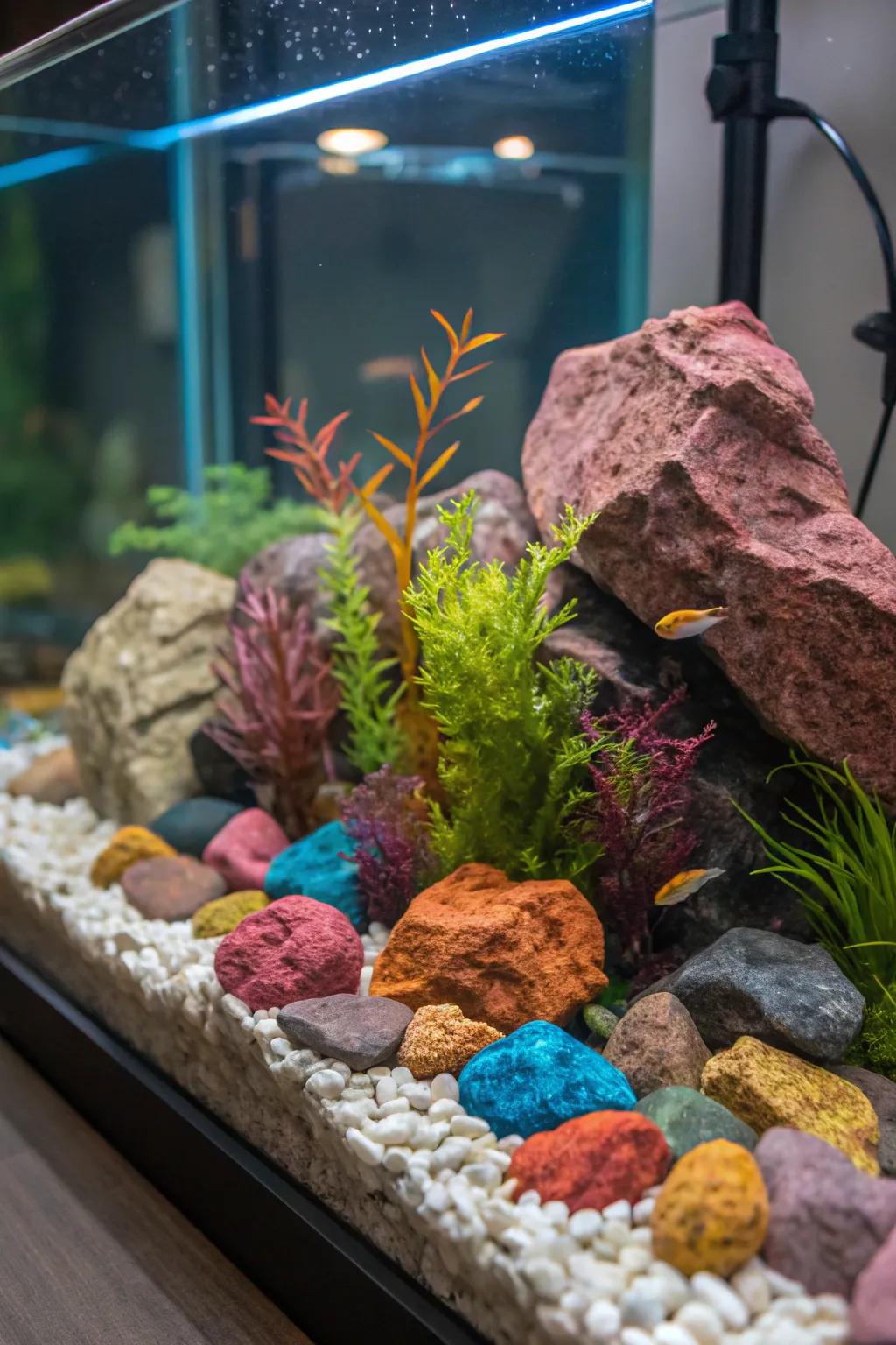 A colorful rock assortment adds vibrancy to this aquascape.