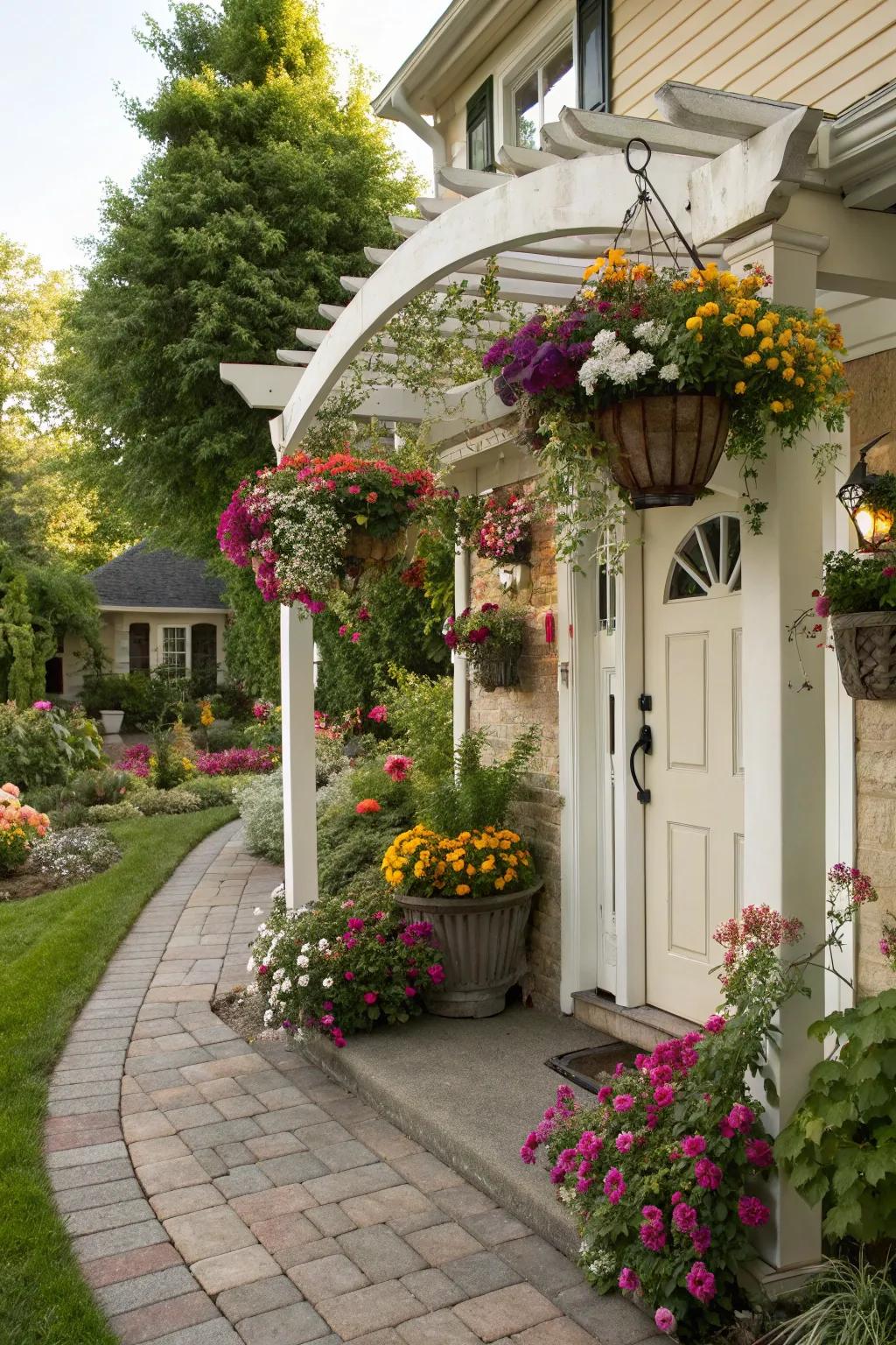 Hanging planters on an arbor for a dynamic and living entrance.