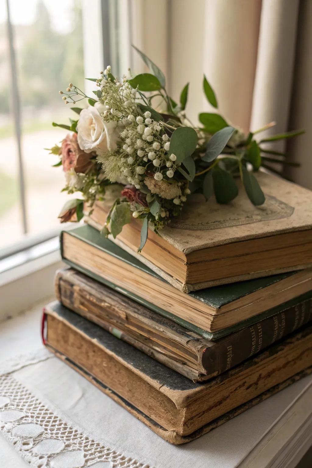 Literary-themed centerpiece with vintage books and florals.