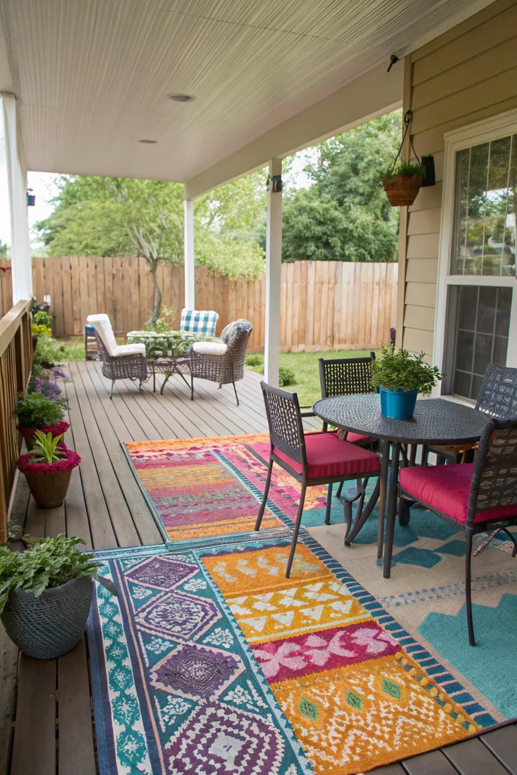 Define your porch spaces with stylish outdoor rugs.