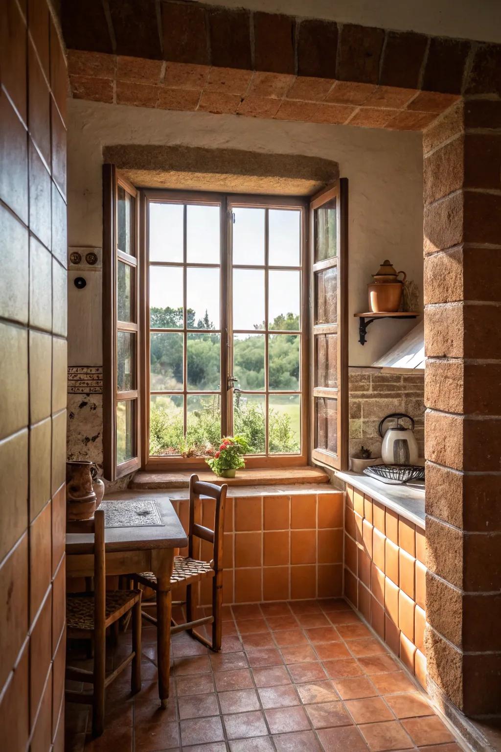 Terra cotta tiles bringing warmth around a kitchen window.