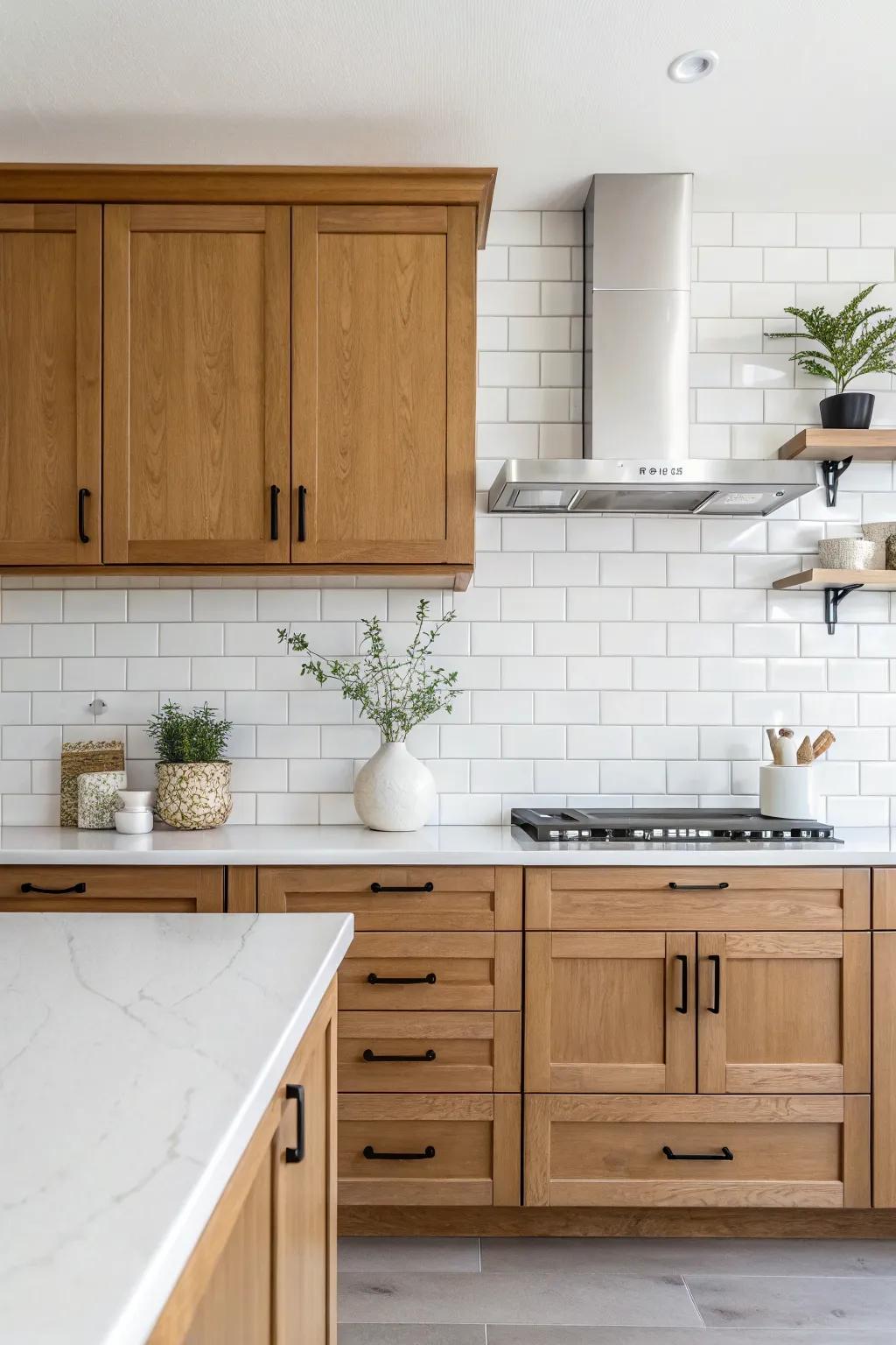 A minimalist white backsplash enhances the natural appeal of maple cabinets.