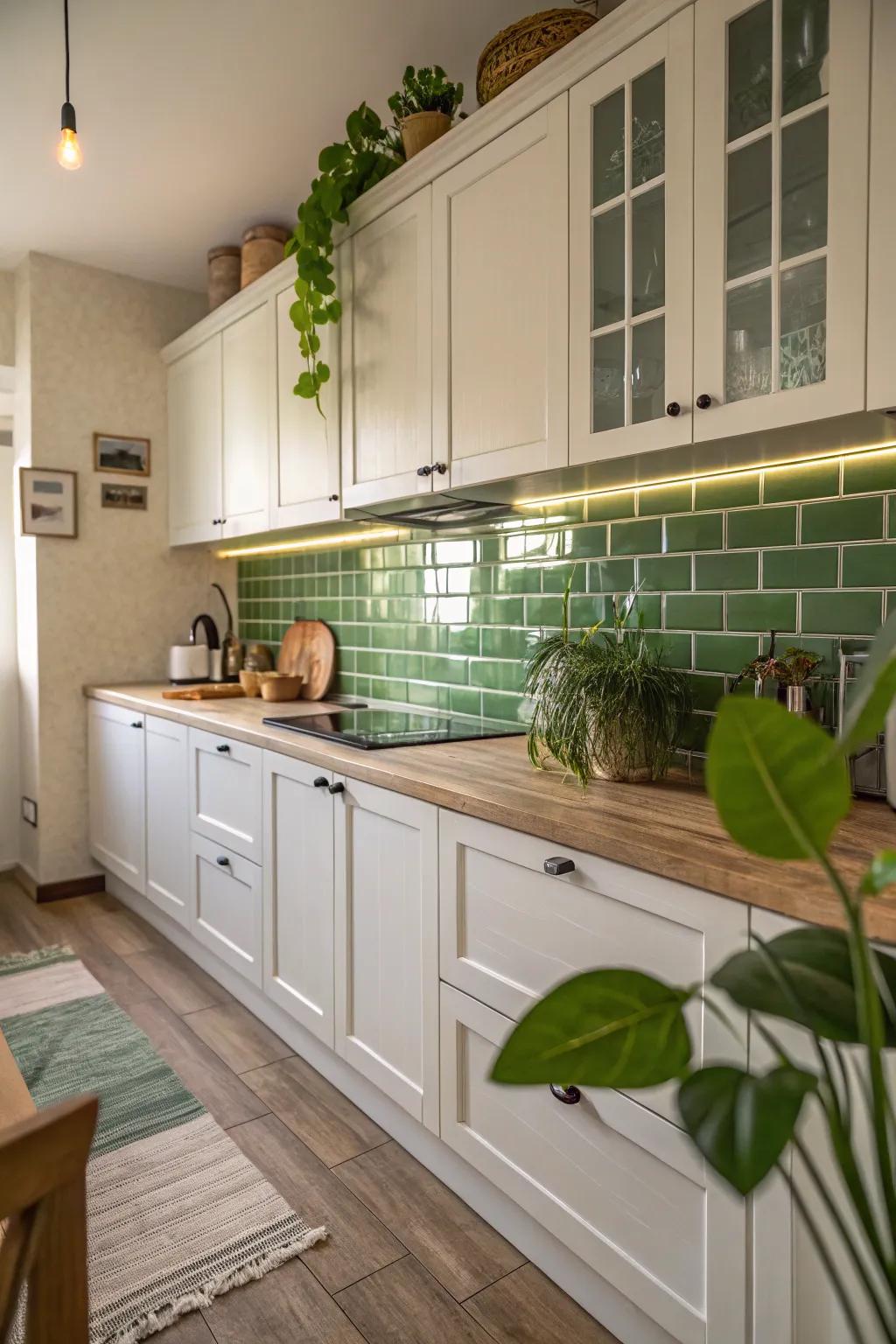 Green backsplash adds a refreshing natural touch