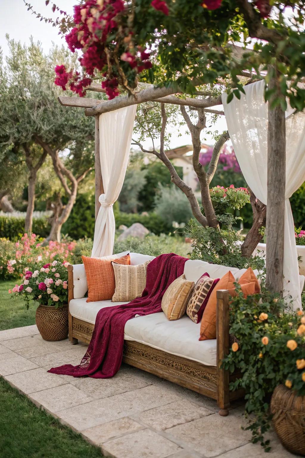 Cushions and textiles add comfort and style to outdoor couches.