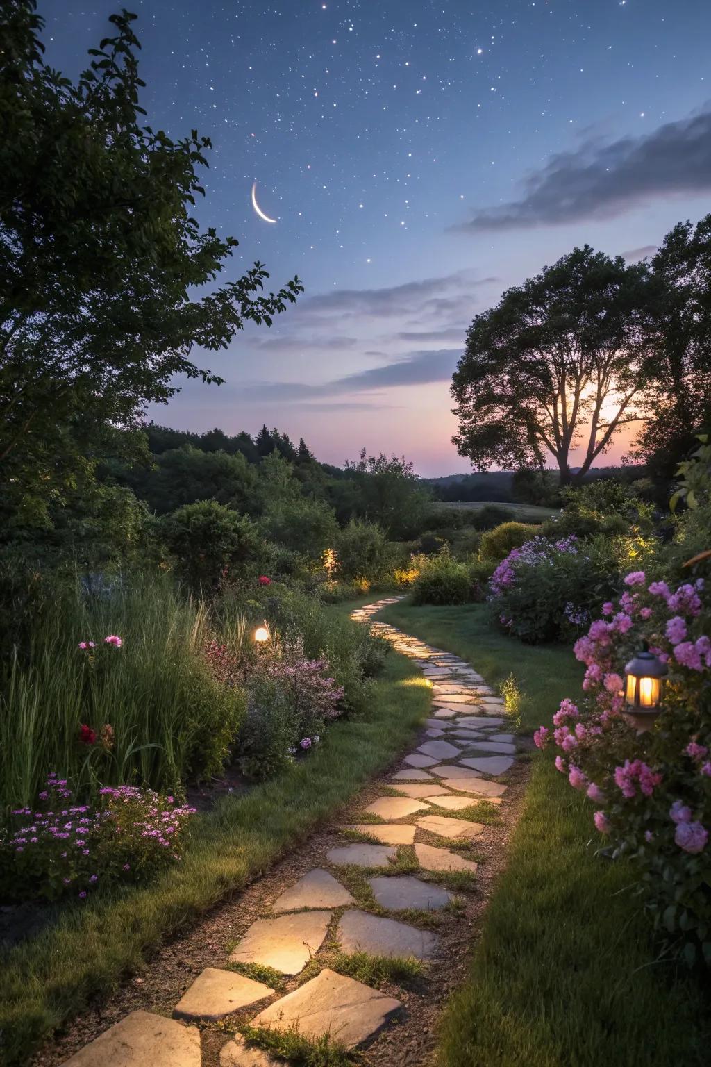 Solar lights enhance the beauty and functionality of stepping stone paths.