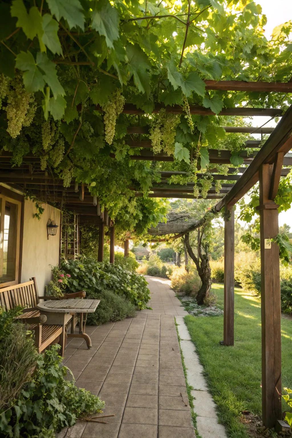 A pergola adorned with hanging vines creates a dreamy retreat.