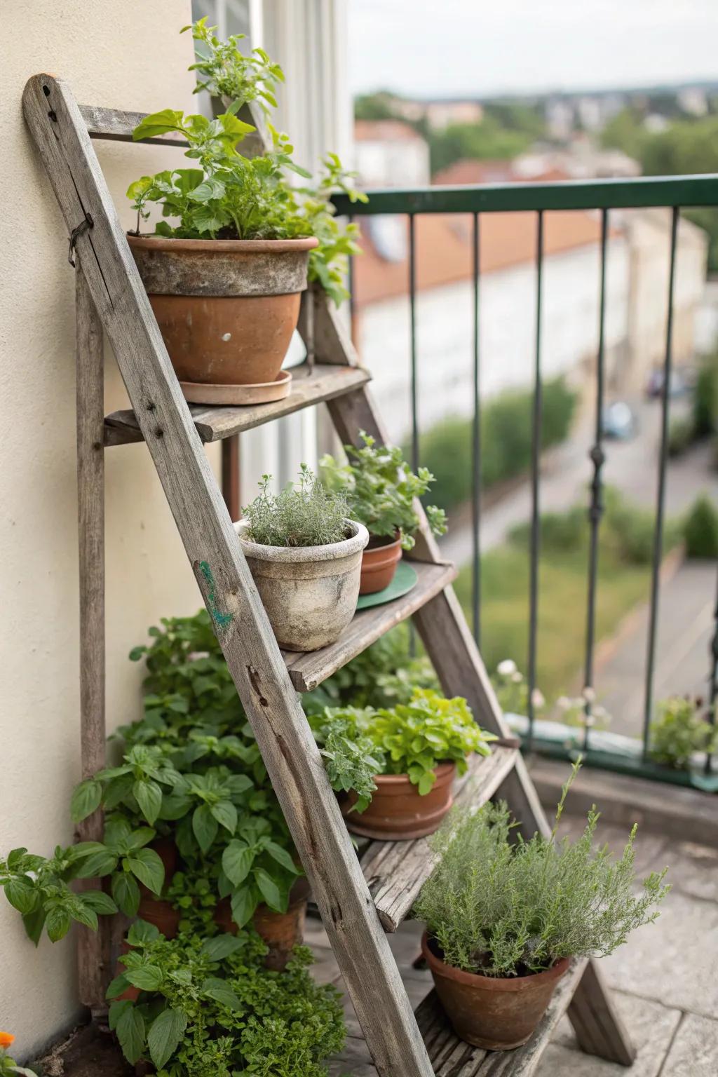 A repurposed ladder adds height and character to your herb garden.