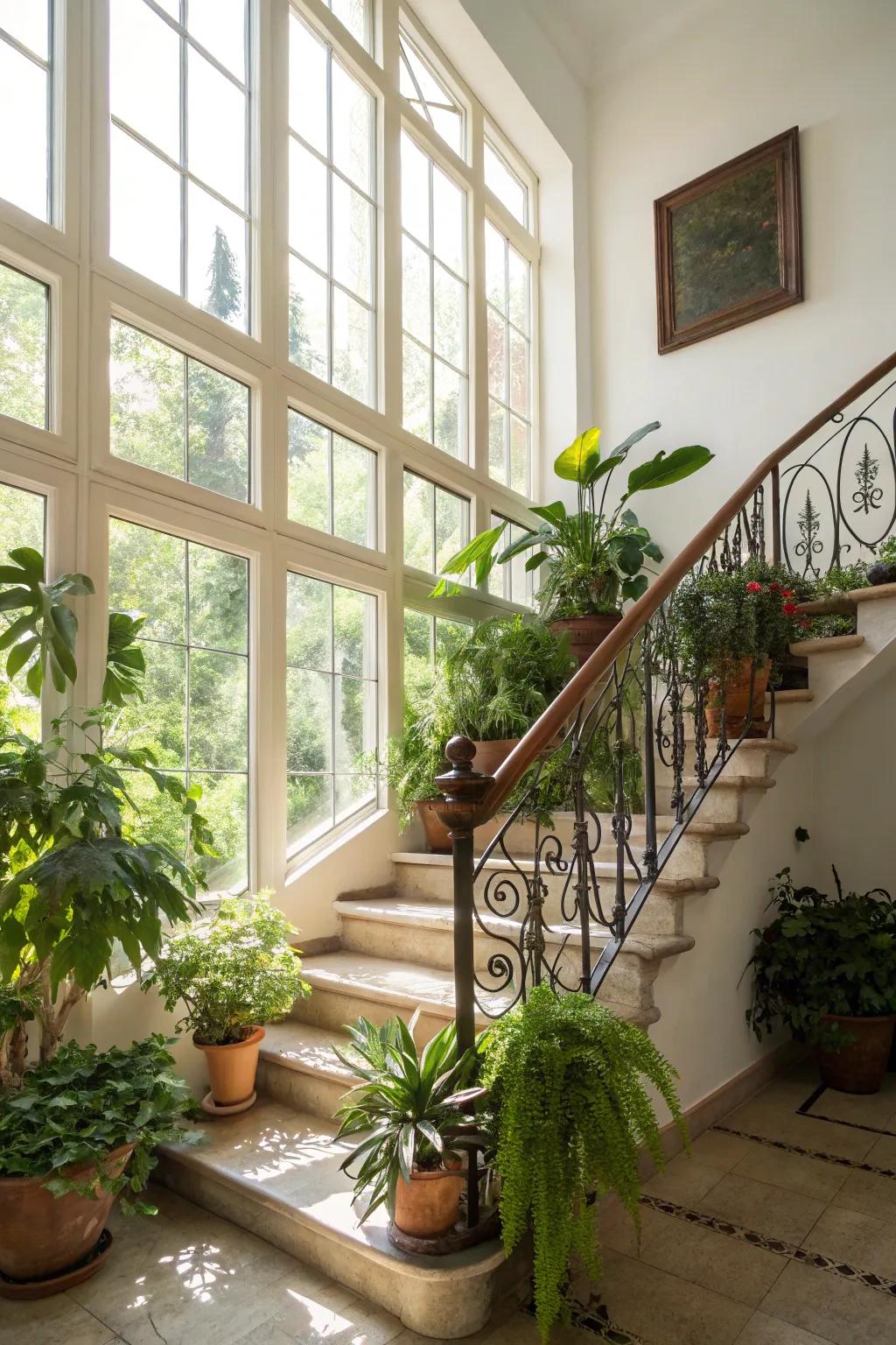 Lively and fresh with plants accentuating the banister.