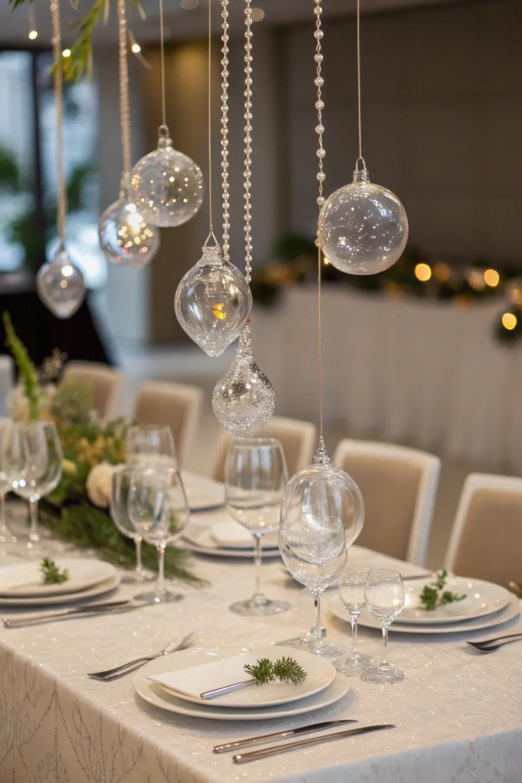 Glass ornaments adding a modern touch to the banquet table.