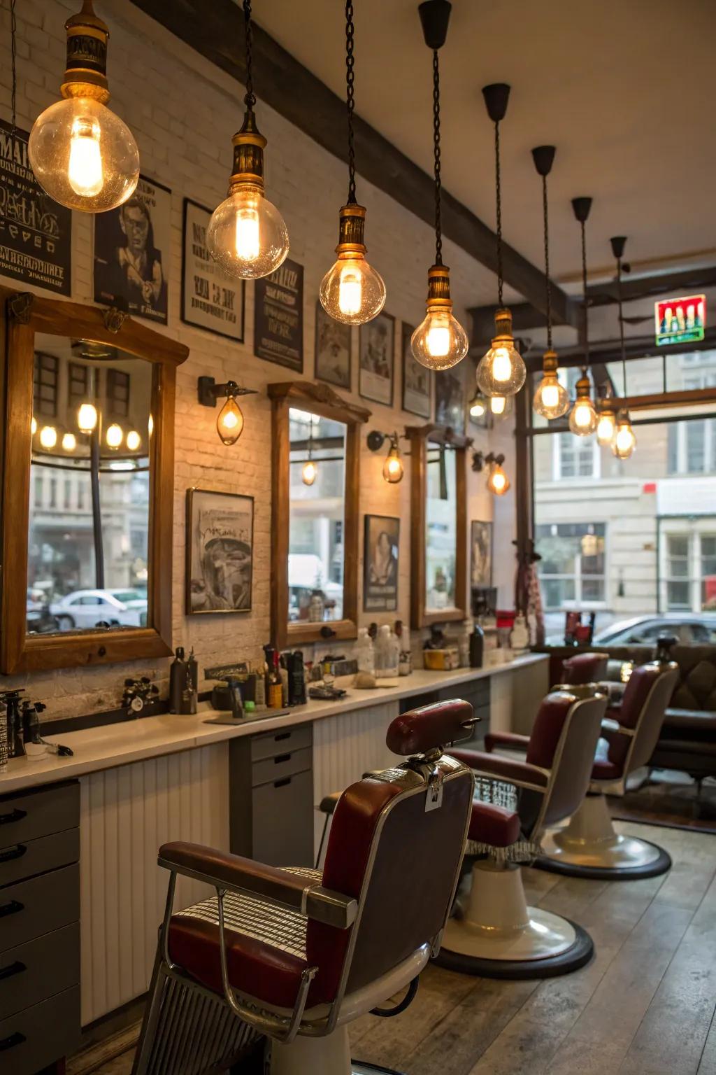 Vintage bulbs casting a warm and inviting glow in a barbershop.