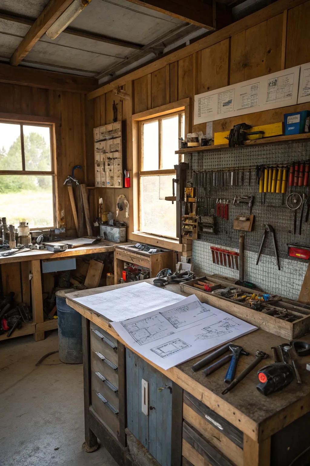 A dedicated workshop area inspires creativity in this barn garage.