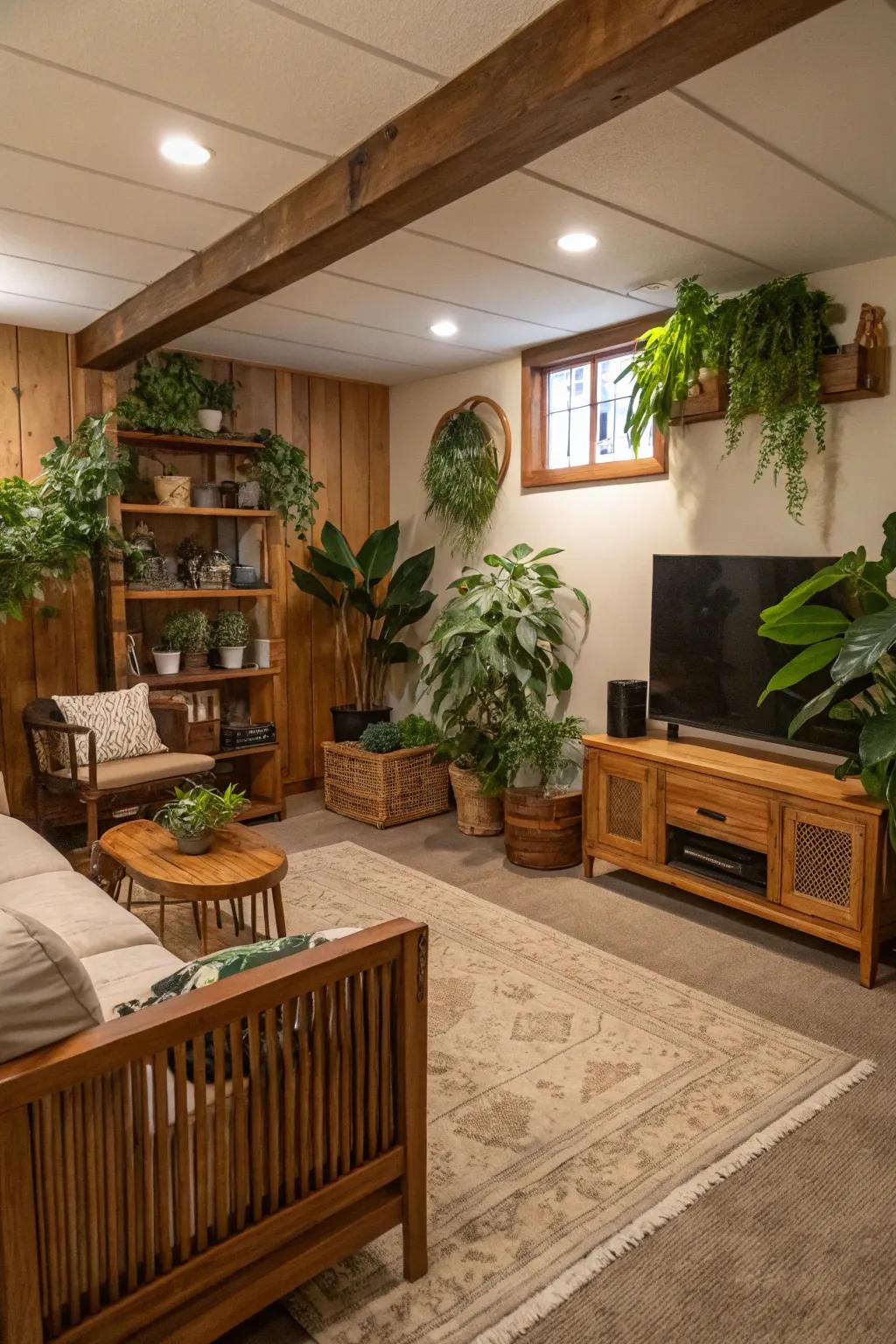 Natural elements bring life and warmth to this inviting basement space.