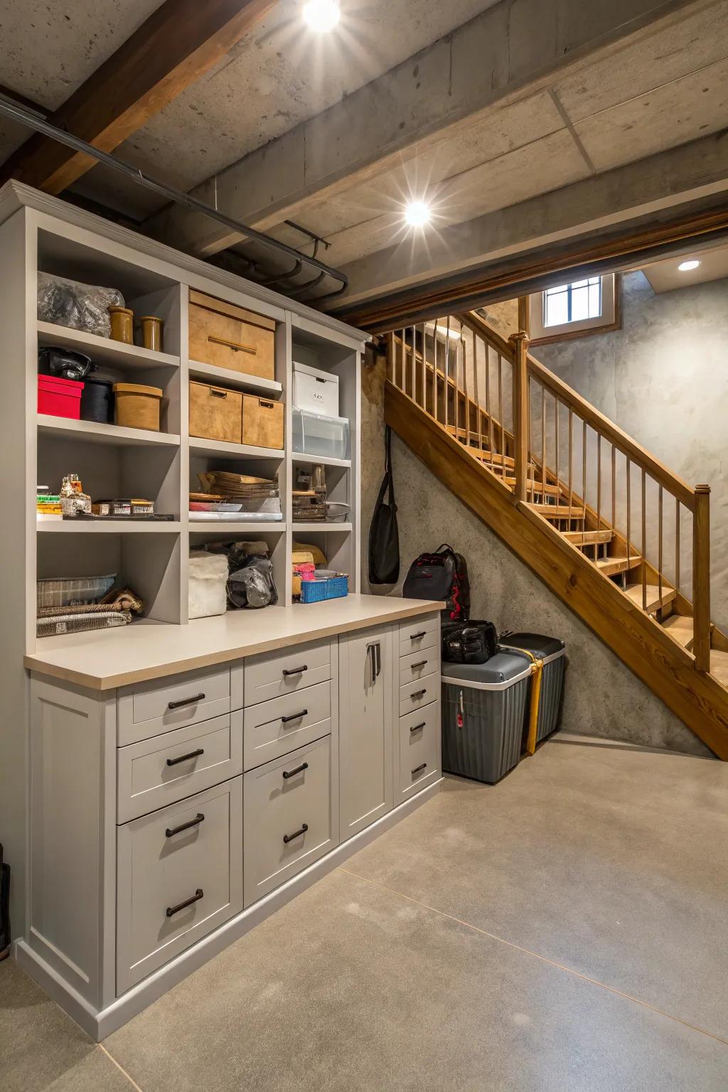 Under-stair storage maximizes otherwise wasted space.