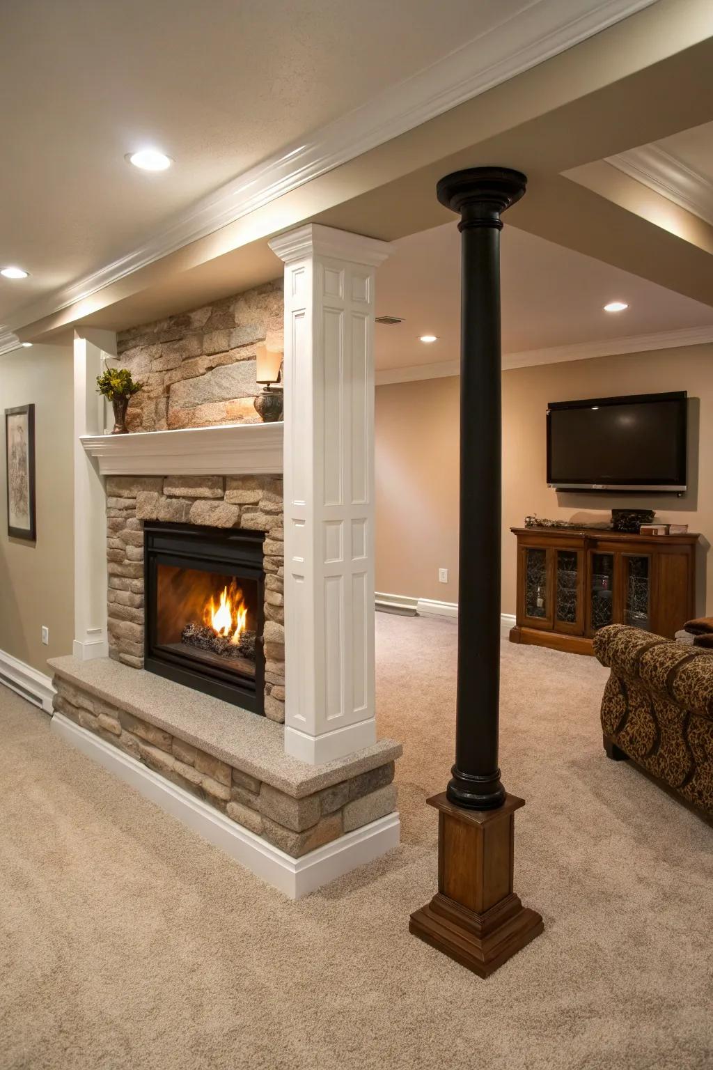 A cozy gas fireplace makes clever use of a basement pole.