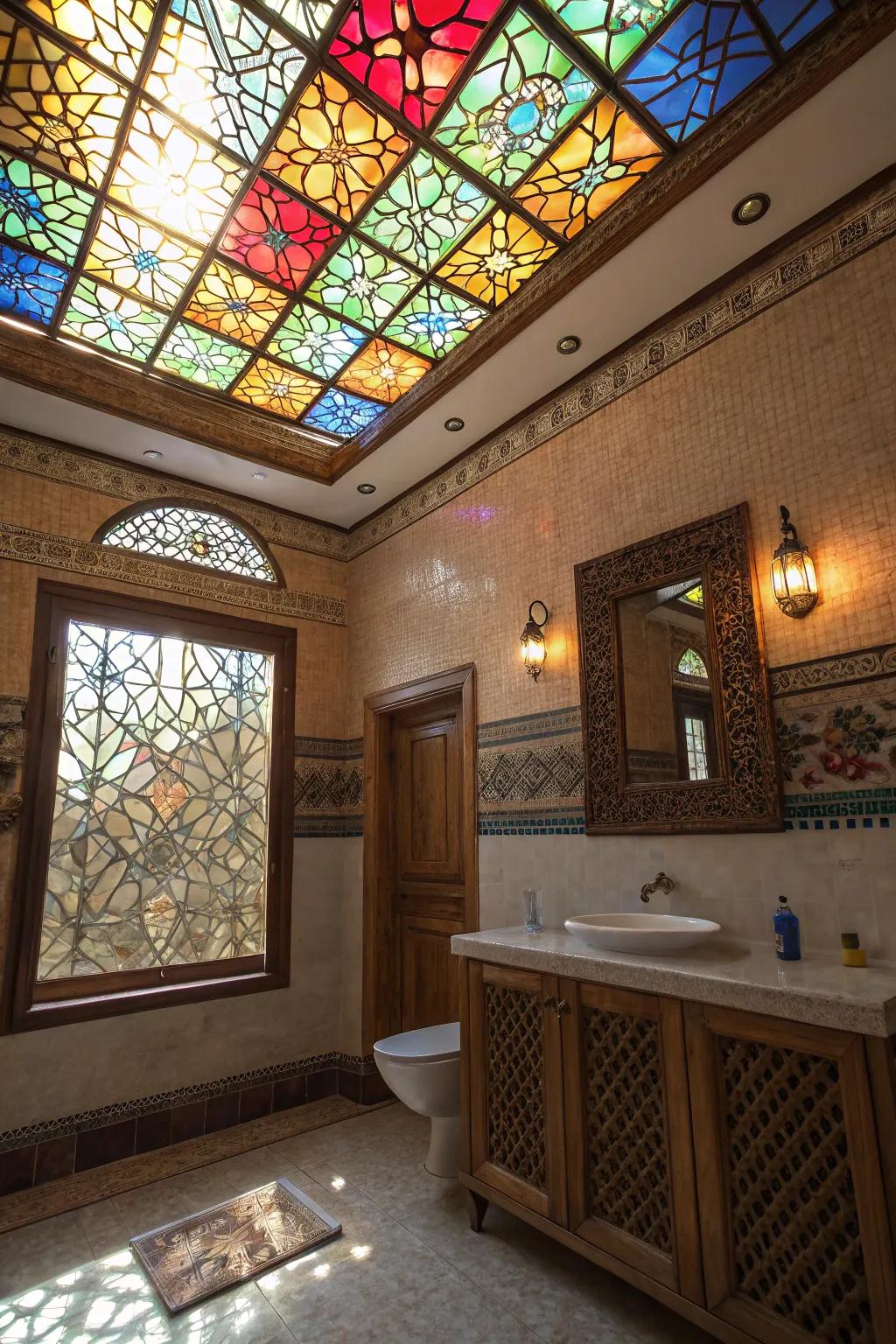 Stained glass ceilings transform your bathroom into a vibrant and artistic space.