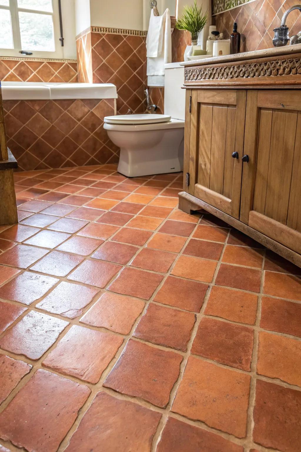 Terracotta tiles bring warmth and charm to your bathroom space.