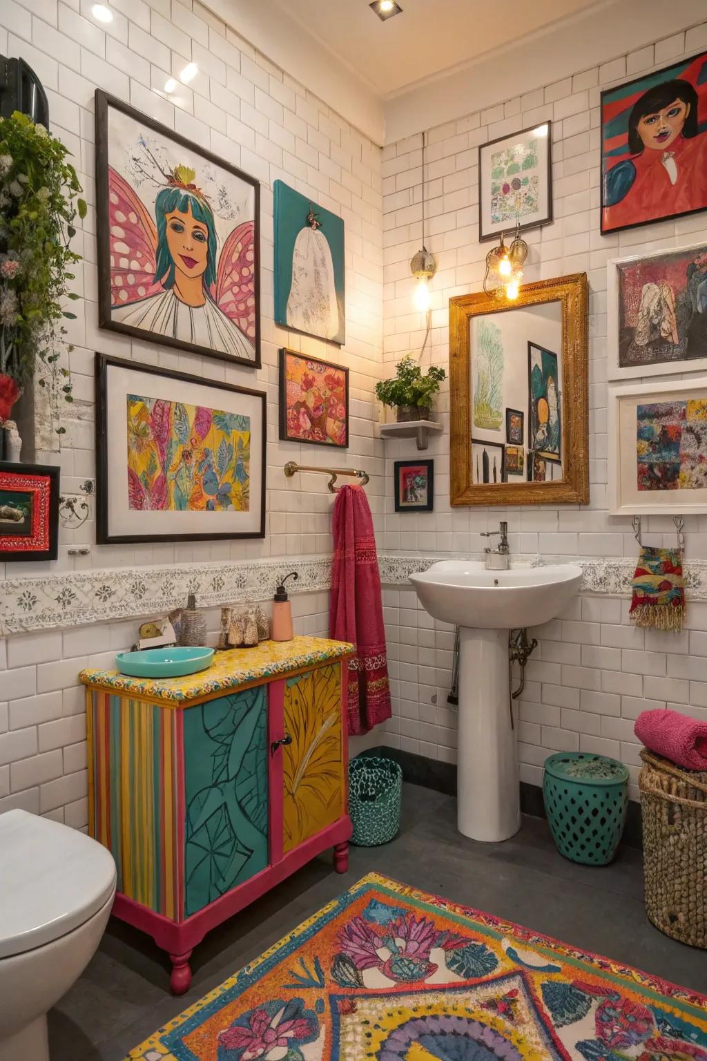 An artistic and eclectic bathroom with colorful art and decor.