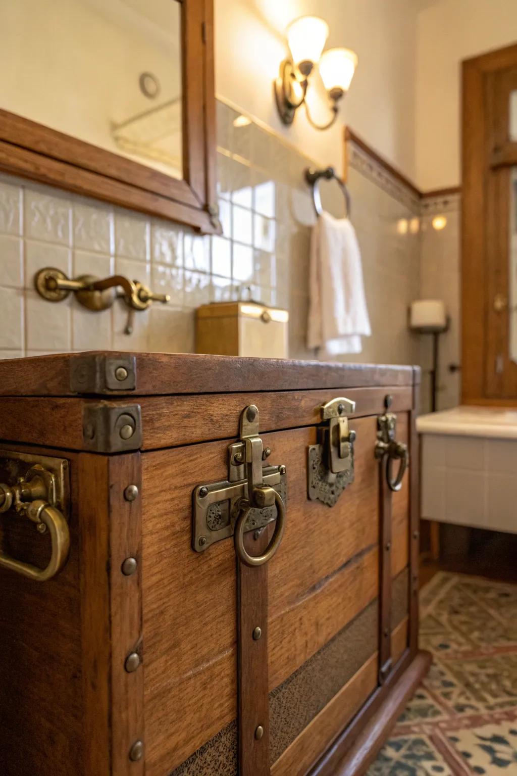 Antique brass latches bring vintage charm to any vanity.