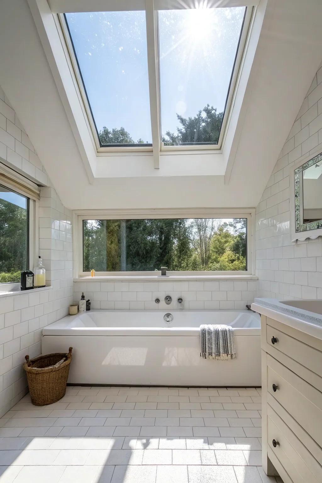 Natural light from a skylight enhances the ambiance of this bathroom.