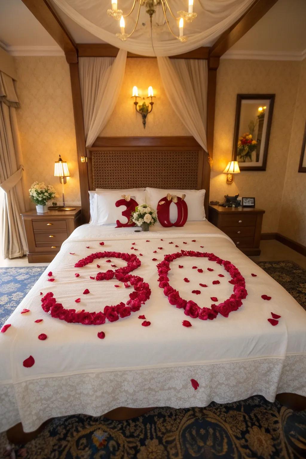 A heartfelt anniversary celebration with rose petals arranged in meaningful numbers.