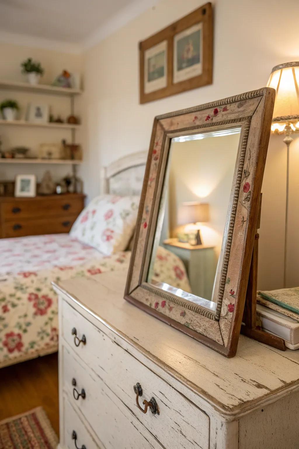 A vintage mirror lending timeless charm and character to the bedroom.