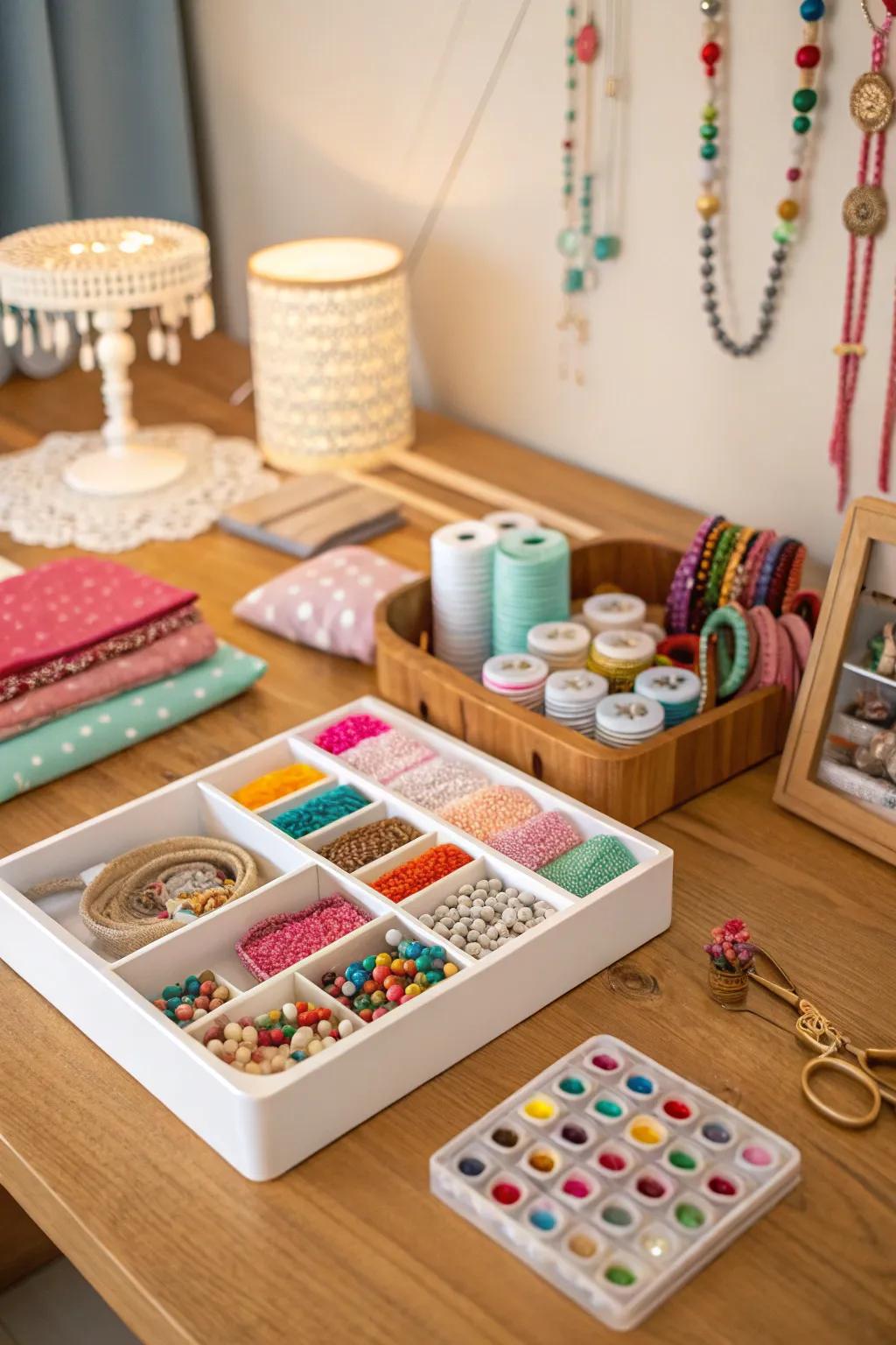 A home craft station set up for personalized accessory making.