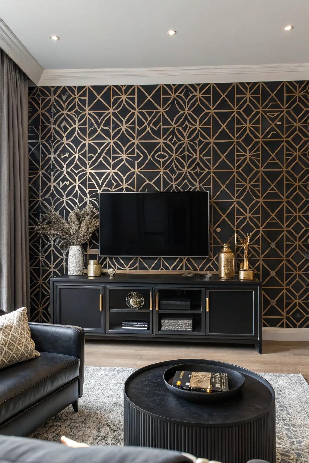 Patterned wallpaper adds intrigue to a black accent wall.