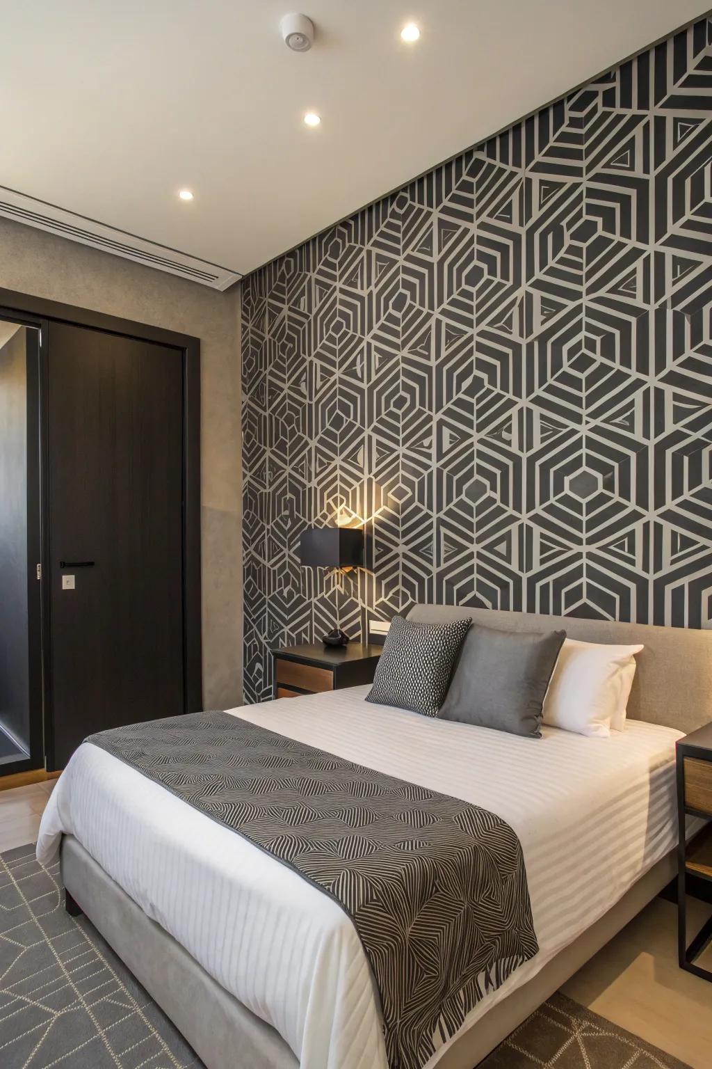 A bedroom with geometric patterned wallpaper in black and grey.