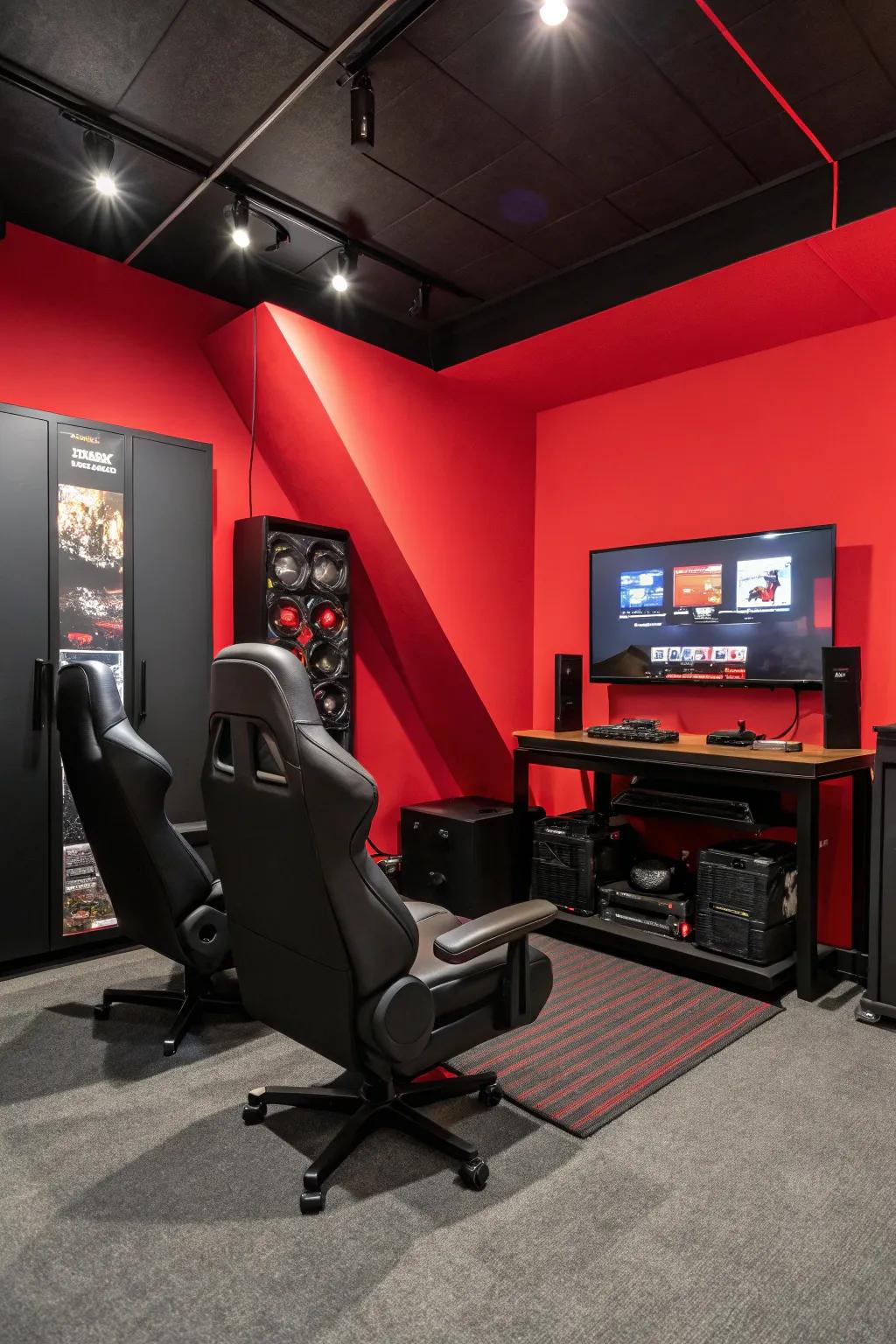 A bold red accent wall adds depth and contrast to a black gaming room.