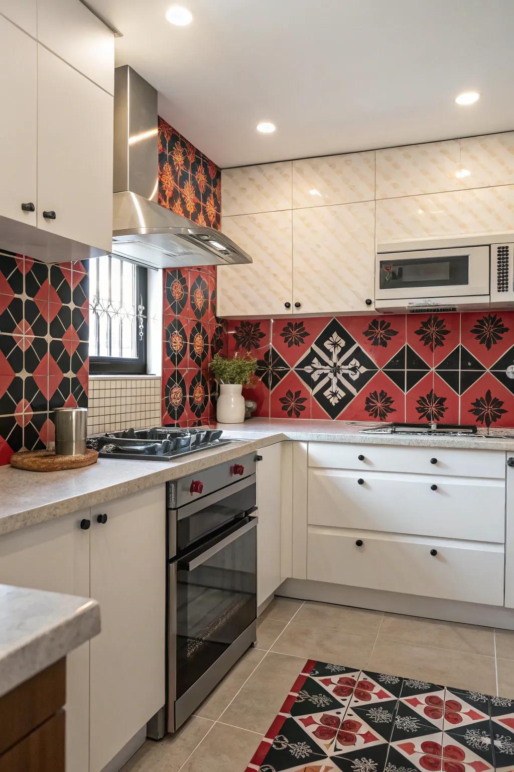 Patterned tiles add visual intrigue to the black and red kitchen.