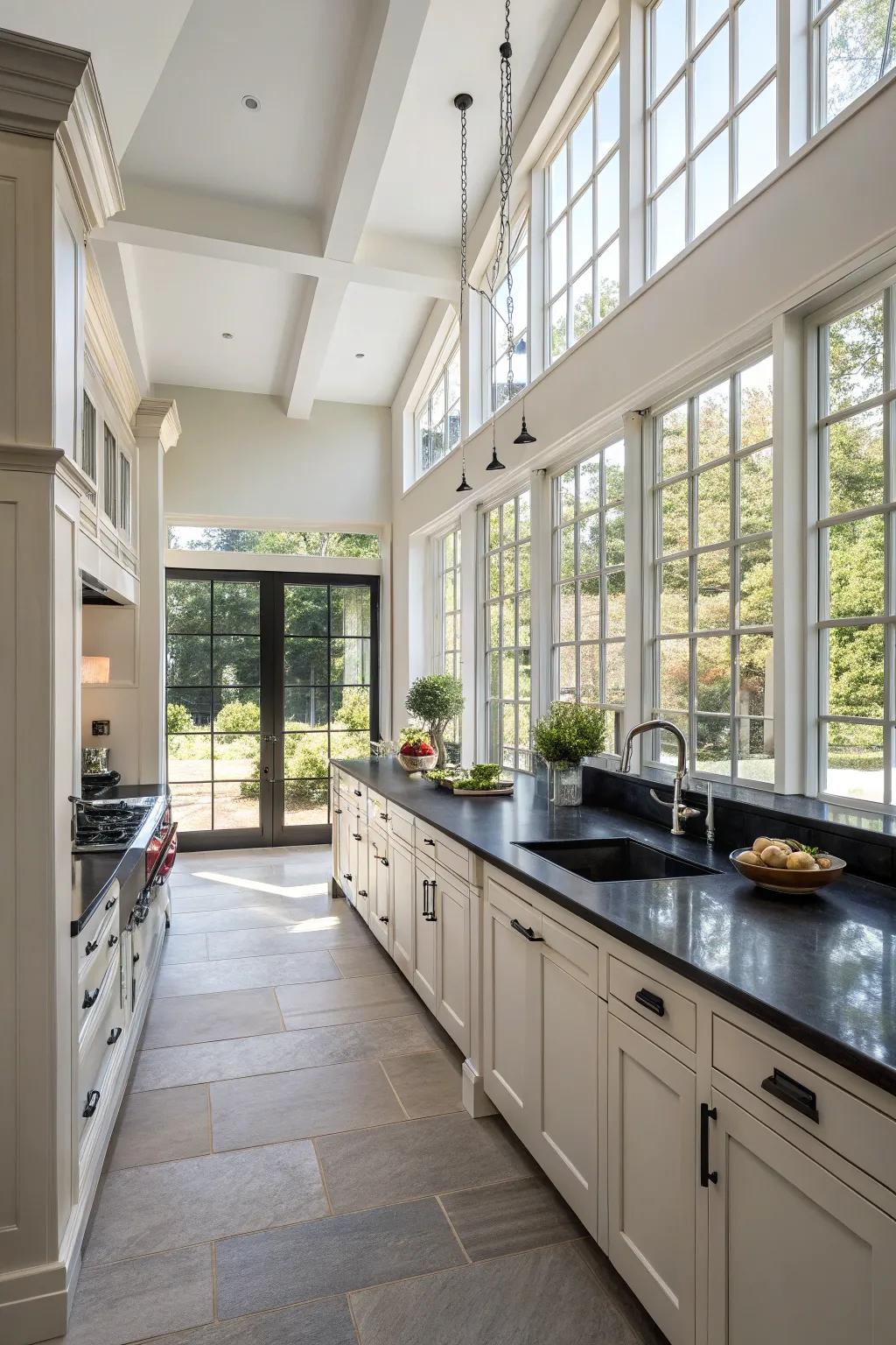 Large windows and smart design keep black countertops airy.