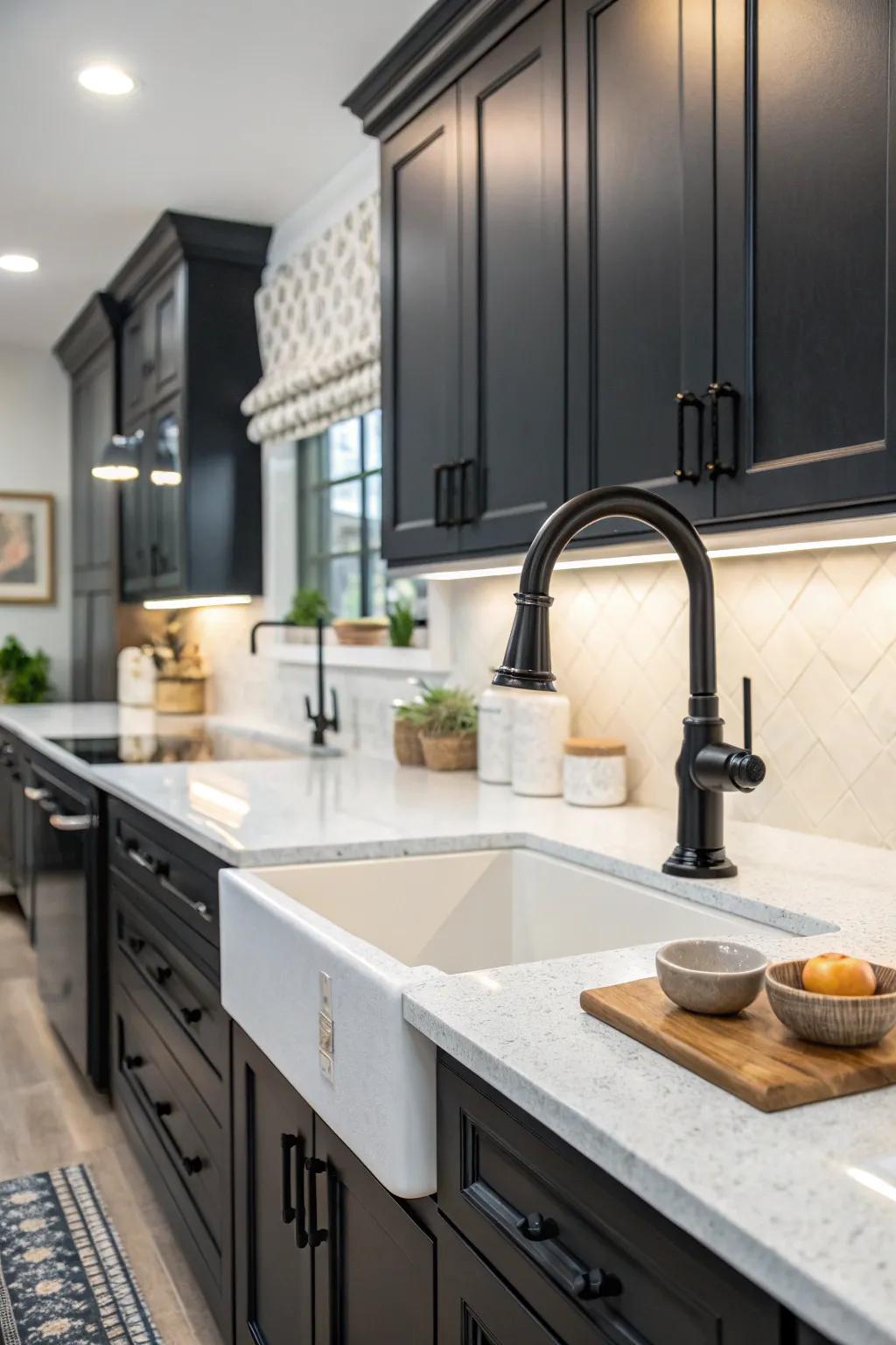 A black faucet stands out against dark cabinets and light surfaces for dramatic effect.