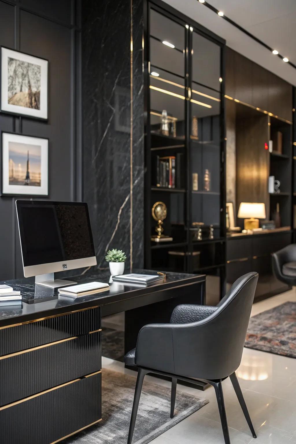 Mixing textures prevents a black office from feeling one-dimensional.