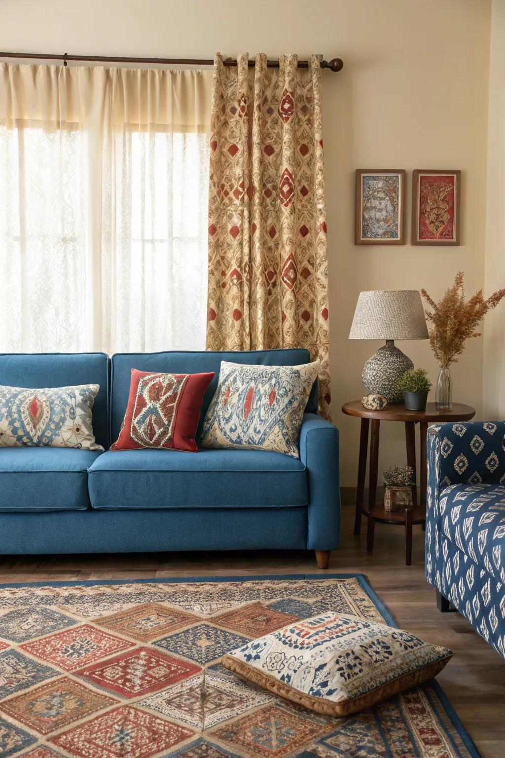 Patterns and prints add dynamic interest to a blue couch setting.