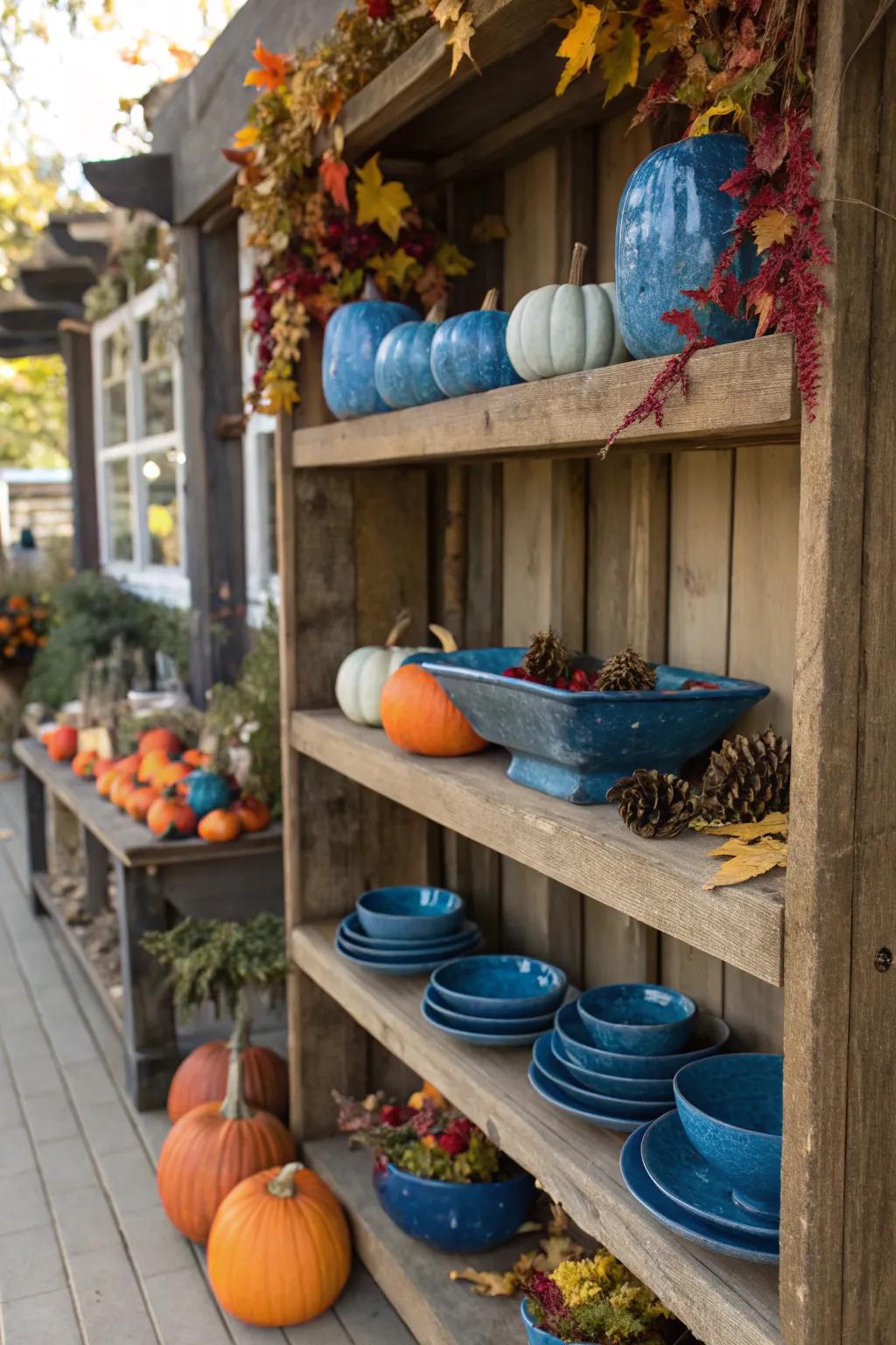 Shelves styled with blue accents for fall.