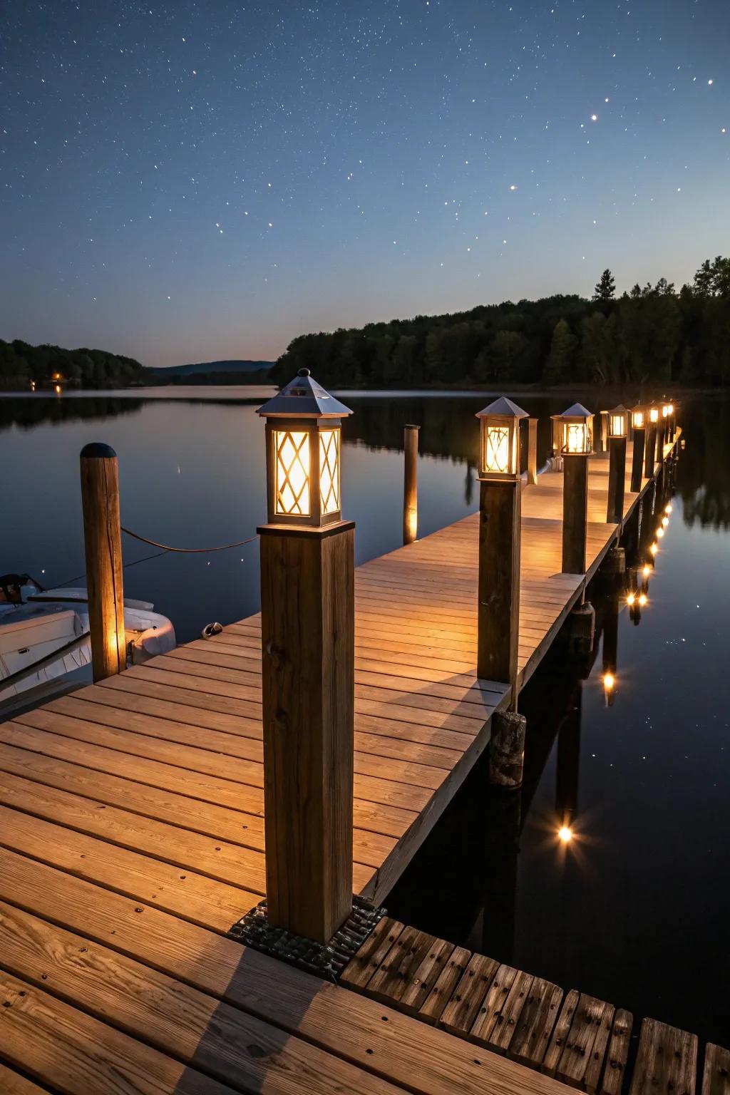 Piling lights add charm and safety to the dock.