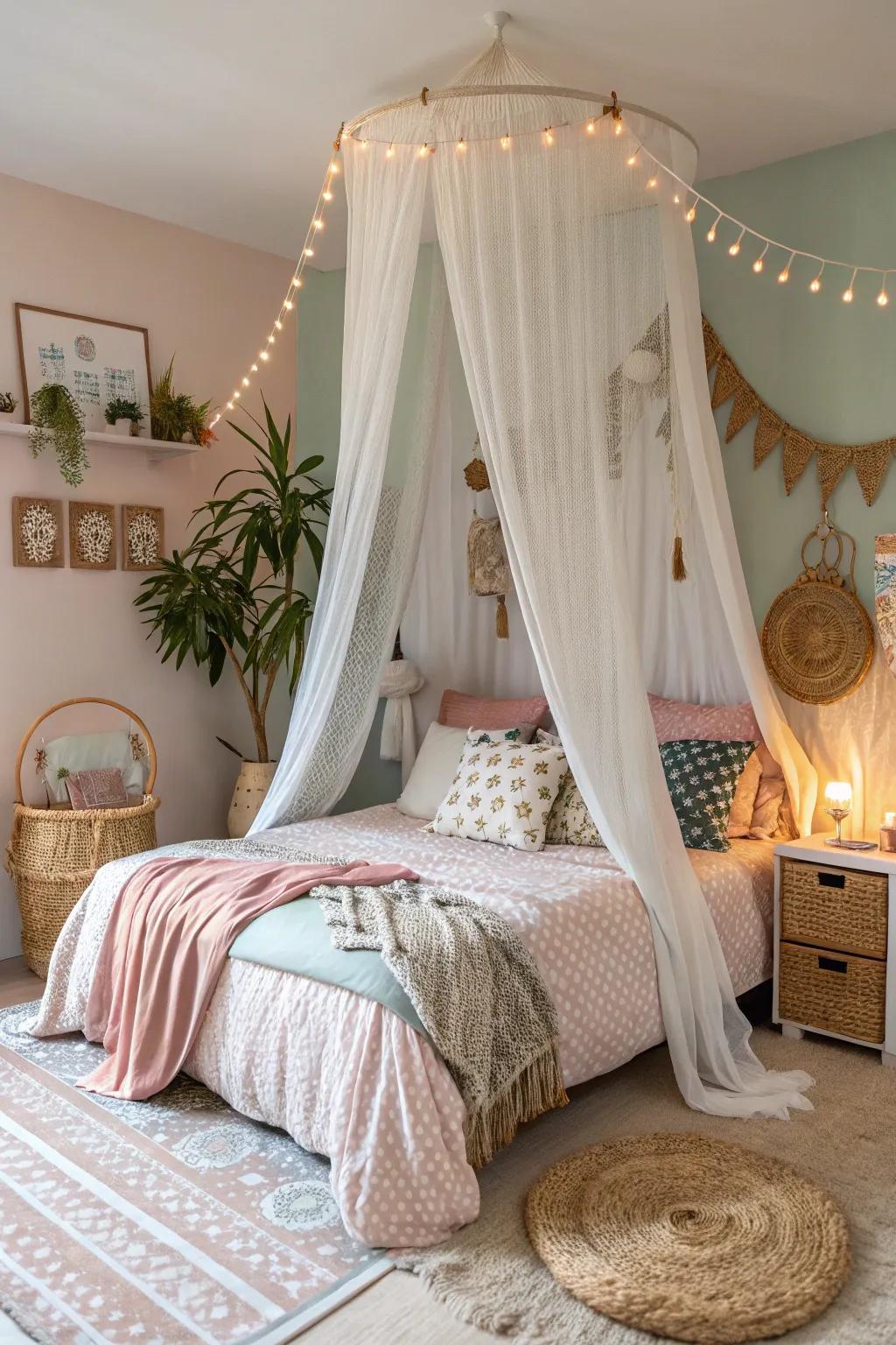 A soft canopy creates a dreamy and relaxed vibe in this boho bedroom.