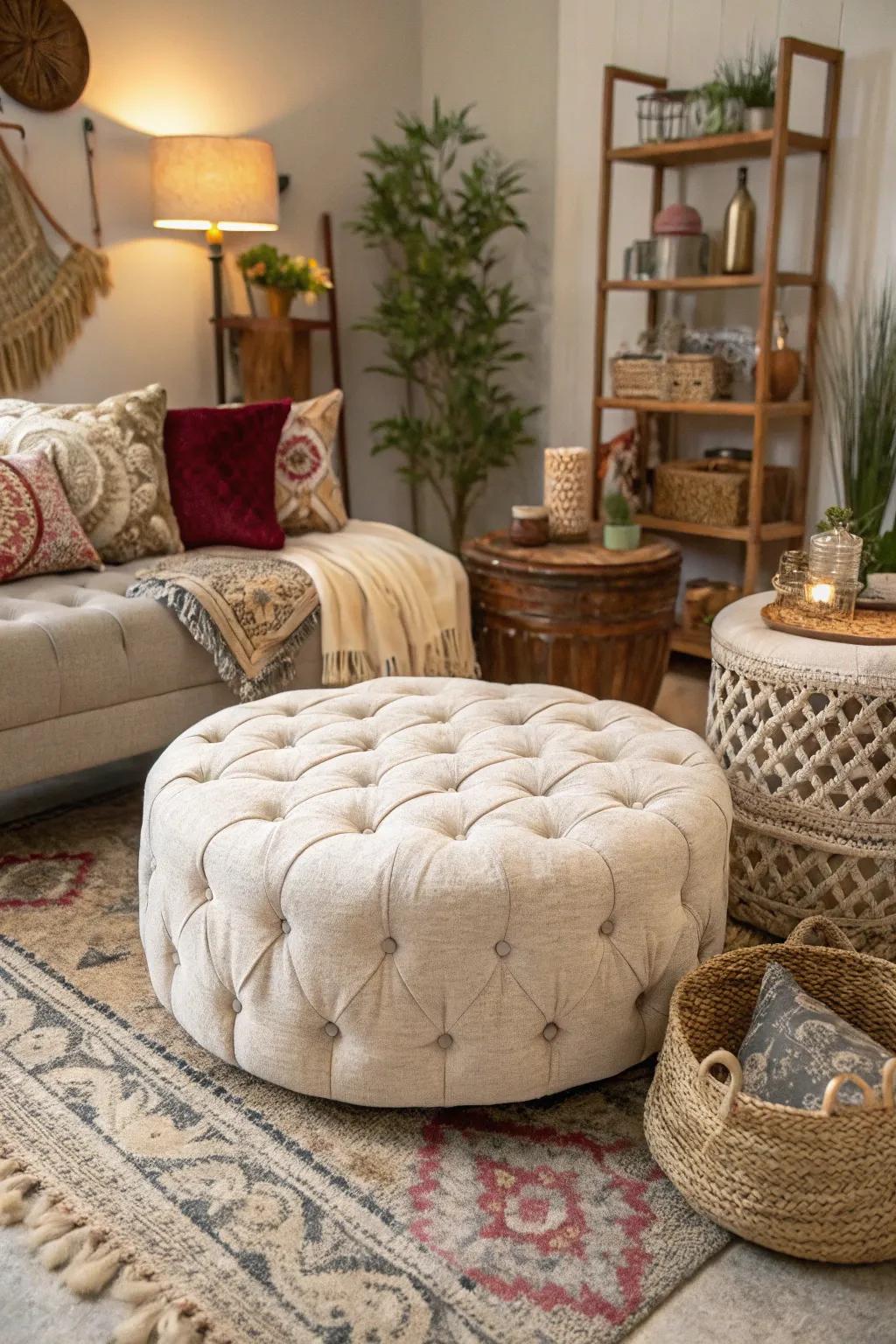 A tufted ottoman serves as a stylish and functional centerpiece.