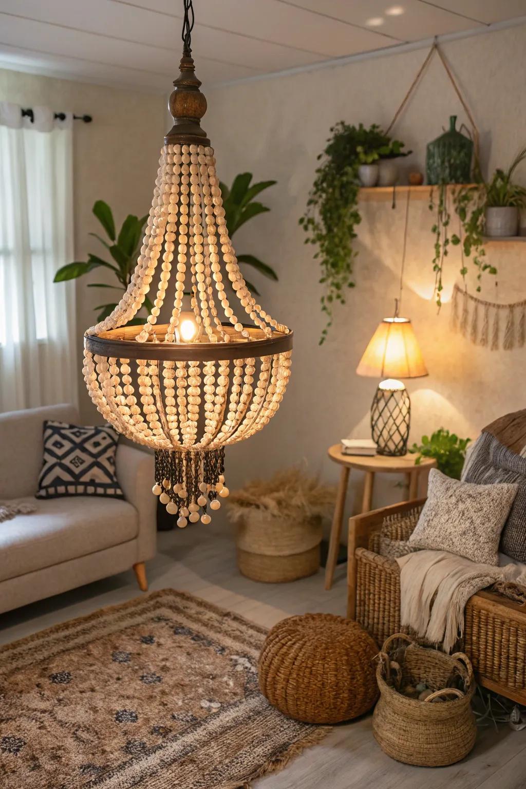 A wood bead light fixture adding rustic elegance to a living room.