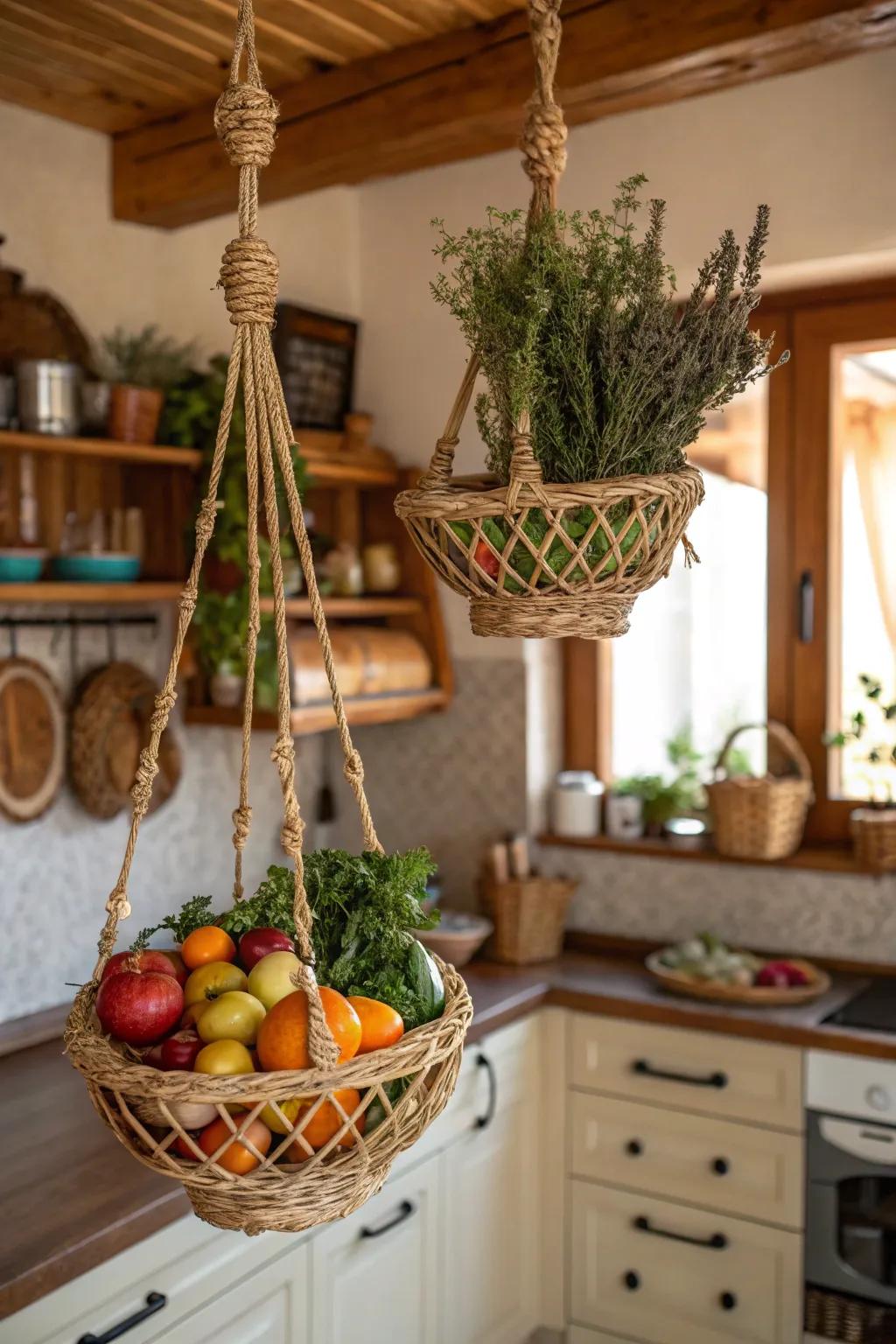 Hanging baskets offer convenient and stylish storage.