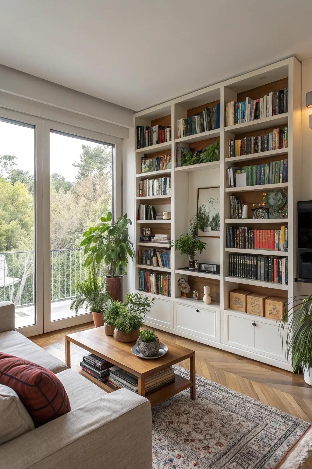 A bookshelf that complements and integrates with the living room decor.